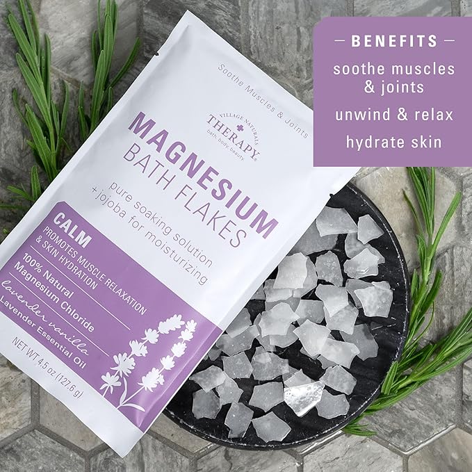 Village Naturals Therapy Calm Magnesium Bath Flakes, Lavender Vanilla Scent, 4.5 oz, Pack of 10