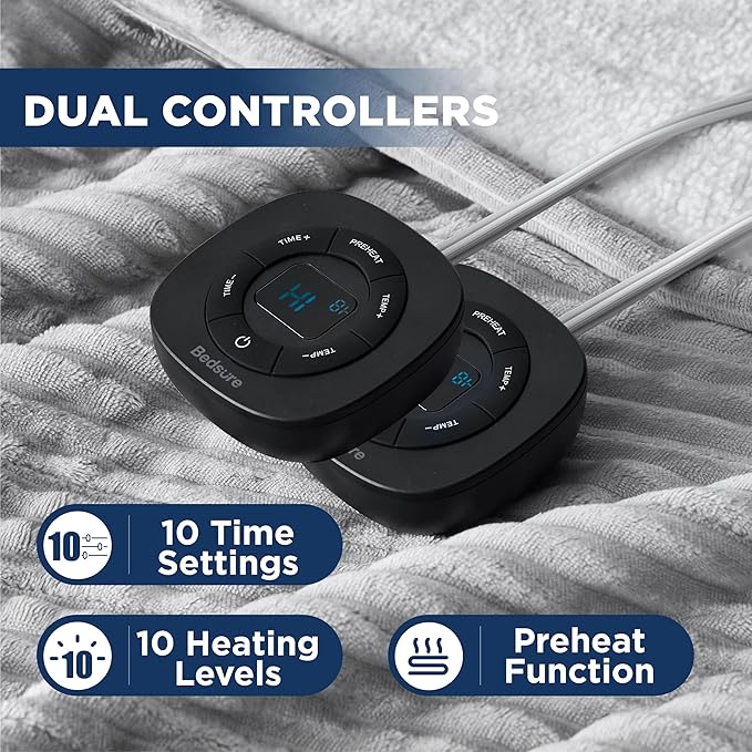 Bedsure GentleSoft Electric Blanket King Size - Soft Ribbed Flannel Heated Blanket with Dual Control, Heating with 10 Heat Settings & 10 Time Settings, 8 hrs Timer Auto Shut Off (90"x100", Light Grey)