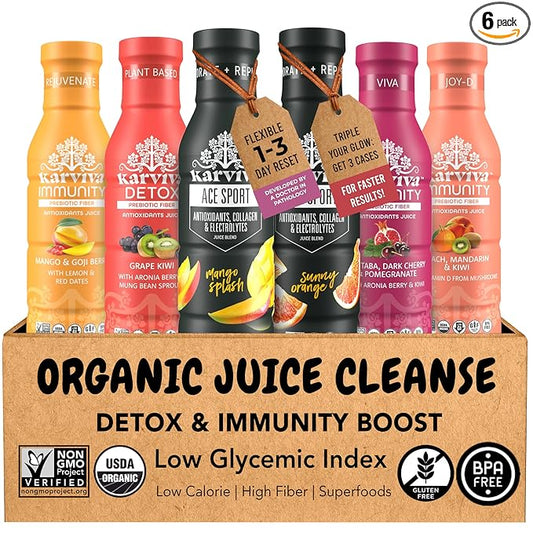 Karviva Organic Detox Juice Cleanse & Immunity Boost, Ancient Remedies for Gentle Detox & Restore Digestion, Prebiotics, Vitamin C, D & Marine Collagen, Low-Sugar, Gluten-Free, 1 to 3 Day Use, (6 BPA-Free Bottles, 12 oz Each)