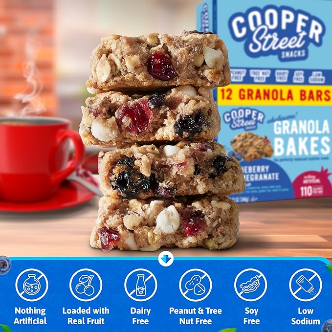 Cooper Street Blueberry Pomegranate Granola Bakes (12 bars) - Individually Wrapped Soft and Chewy Breakfast Granola Bars - Nut, Dairy & Soy Free - Great As Kids Snacks For School, Hiking Or Lunchbreak
