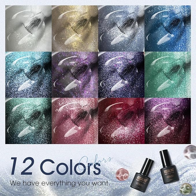 ROSALIND Cat Eye Gel Nail Polish with Magnet, 12 PCS Holographic Glitter Purple Blue Red Gel Polish Magnetic and Swirl Shell Thread Effect Sparkle Nail Polish Christmas Cateye Gifts for Women