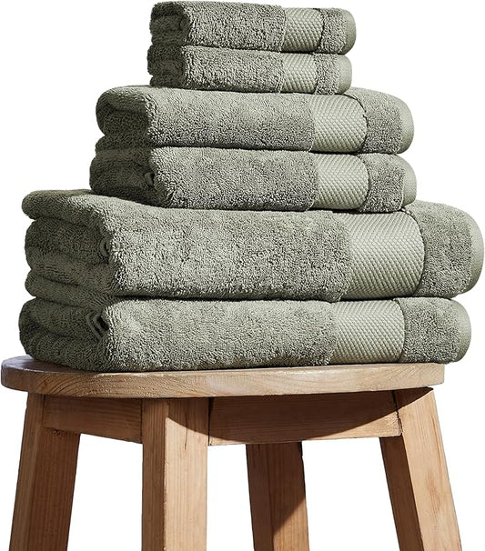 BIOWEAVES 100% Organic Cotton Bath Towel Set | 700 GSM Plush 6-Piece Premium Towel Set GOTS Certified, 2 Bath Towels, 2 Hand Towels & 2 Washcloths - Sage