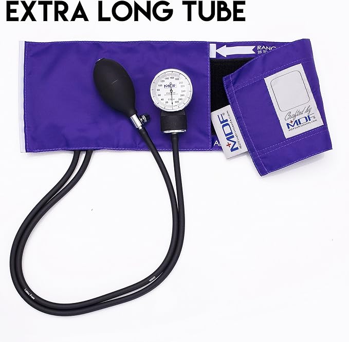 MDF Instruments, Calibra Aneroid Premium Professional Sphygmomanometer, Blood Pressure Monitor with Adult Cuff & Carrying Case, Lifetime Calibration, White Dial, Purple Cuff, MDF808M08