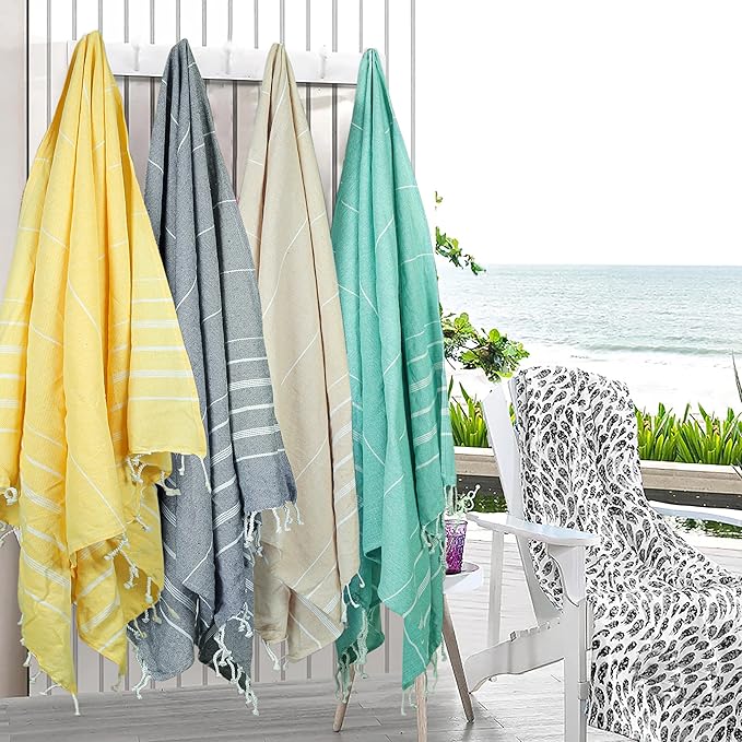 HILLFAIR Cotton Turkish Beach Towels, Quick Dry Lightweight Sand Free Peshtemal Towel for Bath Swim Yoga Pool Travel, Beach Accessories, Oversized Turkish Towel (39 x 72 inch- 4 Pack Multicolor)