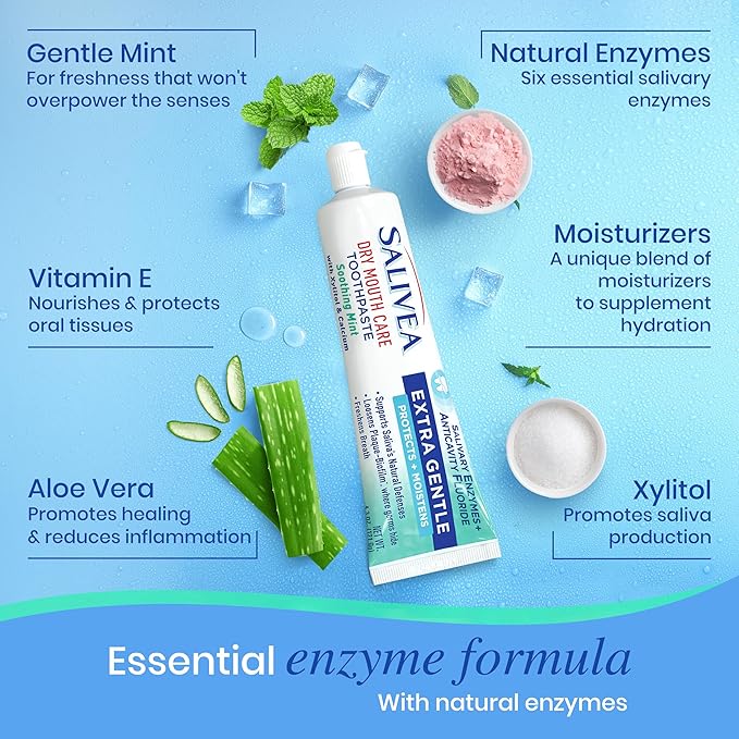 SALIVEA Gentle Toothpaste for Dry Mouth Care, 4.3 oz Tube, Anticavity with Fluoride, Natural Salivary Enzymes, Vitamin E & Aloe Vera, Cleans, Moisturizes & Refreshes Breath, Soothing Mint Flavor