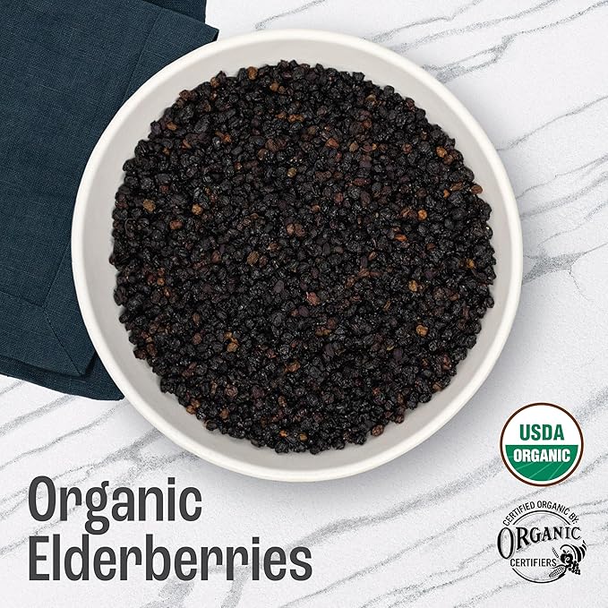 J Mac Botanicals Certified USDA - 100% Organic Dried Elderberries - 1lb Bulk - Non-Irradiated, Non-GMO, Whole Black Elderberry Immune Support - Raw Vegan Sambucus 1 Pound