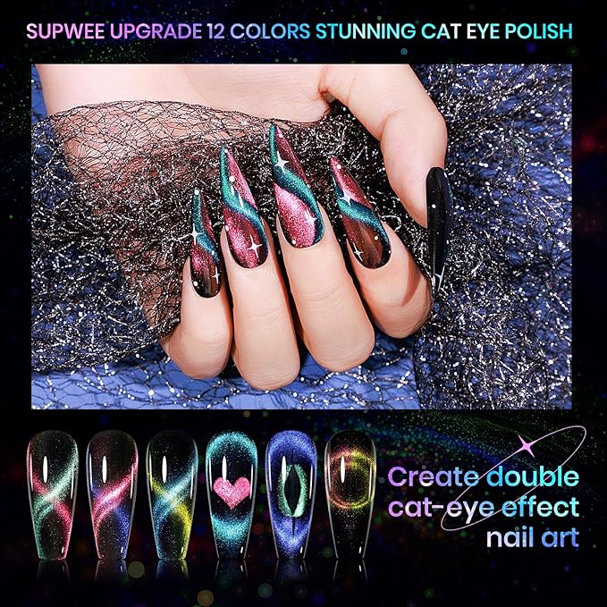 Cat Eye Gel Nail Polish Set - 12 Colors 9D Magnetic Nail Polish Gel Galaxy Cateye Nail Gels Polishes with 1 Black Gels and Magnetic Lamp Cure Required Home Manicure DIY Nail Art
