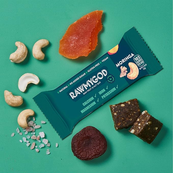 RAWMYGOD Fruit and Nut Bars, Gluten Free, Vegan, No Added Sugar (20 bars, Vitality Pack - 5 Prebiotic, 5 Moringa, 5 Baobab, 5 Daily)