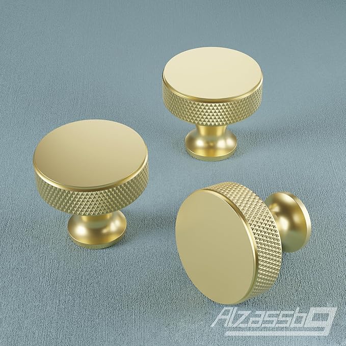 Alzassbg 10 Pack Gold Cabinet Knobs, 1.2 Inch(30.5mm) Diameter Knurled Cabinet Knobs of Metal Kitchen Round Handles Hardware for Carbinet and Drawer AL6067ABG