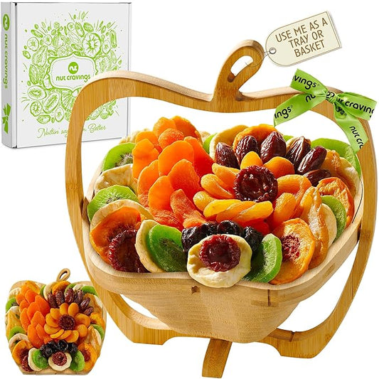 NUT CRAVINGS - Diwali Sweets Hamper Mid-Autumn Festival Dried Fruit Flower Arrangement Gift Basket in Wooden Apple-Shaped Gift Basket + Tray (9 Assortment) Healthy Snack Care Package, Food Assortments
