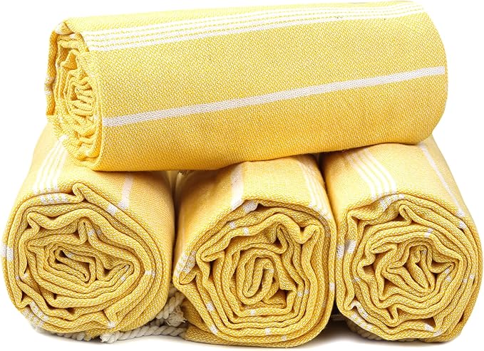HILLFAIR Cotton Turkish Beach Towels, Quick Dry Lightweight Sand Free Peshtemal Towel for Bath Swim Yoga Spa Travel, Beach Accessories, Oversized Cotton Turkish Towels (39 x 72 inch- 4 Pack Yellow)
