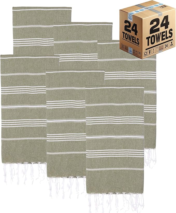Turkish Beach Towels, Bulk Case of 24 | Oversized, Quick Dry, Sand Free | 100% Cotton, Large 38x71 Towels for Beach, Pool, Travel | Ultra-Soft, Compact, Absorbent | Olive Green