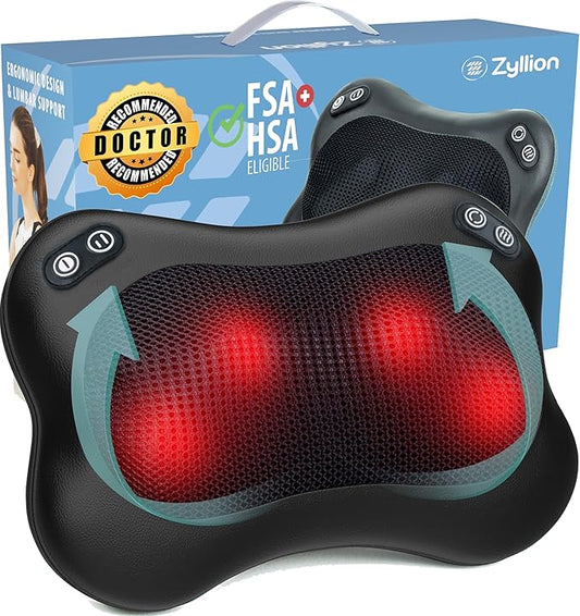 Zyllion Shiatsu Back and Neck Massager with Heat - 3D Electric Kneading Deep Tissue Massage Pillow with 2 Speeds for Muscle Pain Relief, Black, ZMA-34
