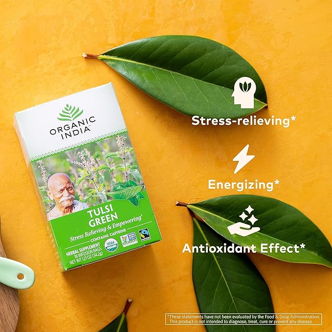 Organic India Tulsi Green Tea Bags - Holy Basil Tea, African Basil, Stress Relieving, Immune Support, USDA Certified Organic, Premium Darjeeling Green Tea, Caffeinated - 18 Infusion Bags, 6 Pack