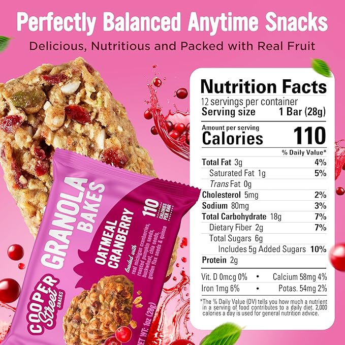 Cooper Street Oatmeal Cranberry Granola Bakes (12 pack) - Individually Wrapped Soft and Chewy Breakfast Granola Bars - Nut, Dairy & Soy Free - Great As Kids Snacks For School, Hiking Or Lunchbreak