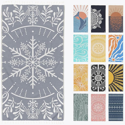FESHKA Sand Proof Turkish Beach Towel – Oversized, Quick Dry & Lightweight Travel Towel - 100% Organic Cotton Beach Blanket - Perfect for Bath, Pool & Picnic | Snowflake (Gray)