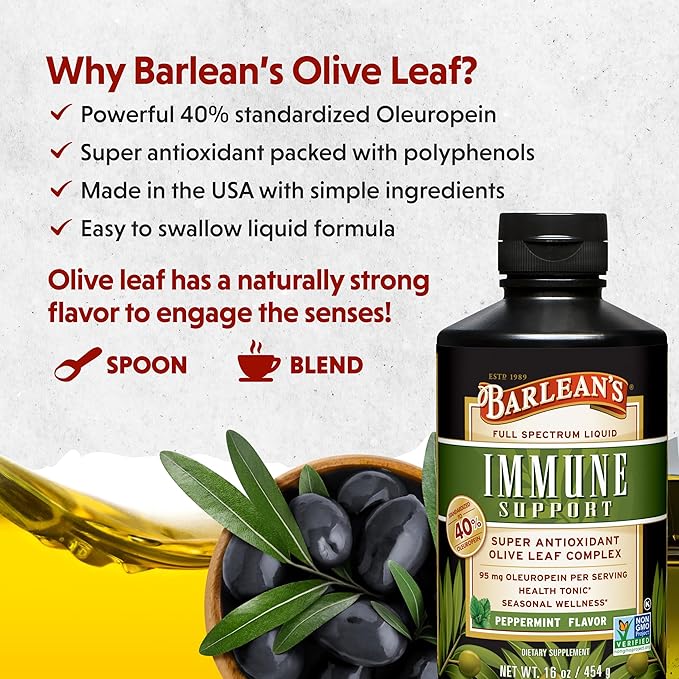 Barlean's Peppermint Olive Leaf Complex Liquid Immune Support Supplement, 95mg Oleuropein Antioxidants, 16 oz