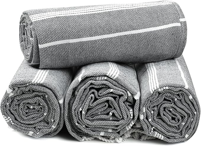 HILLFAIR Cotton Turkish Beach Towels, Quick Dry Lightweight Sand Free Peshtemal Towel for Bath Swim Yoga Spa Travel, Beach Accessories, Oversized Cotton Turkish Towels (39 x 72 inch- 4 Pack Grey)