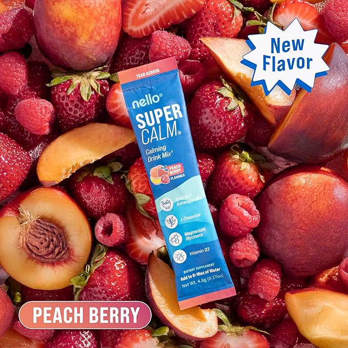 Nello Supercalm Drink Mix - Ashwagandha KSM 66, Magnesium Glycinate & L-Theanine Supplement - Ashwagandha Root Extract - Focus and Relaxation Support (20 Travel Packets) - Peach Berry