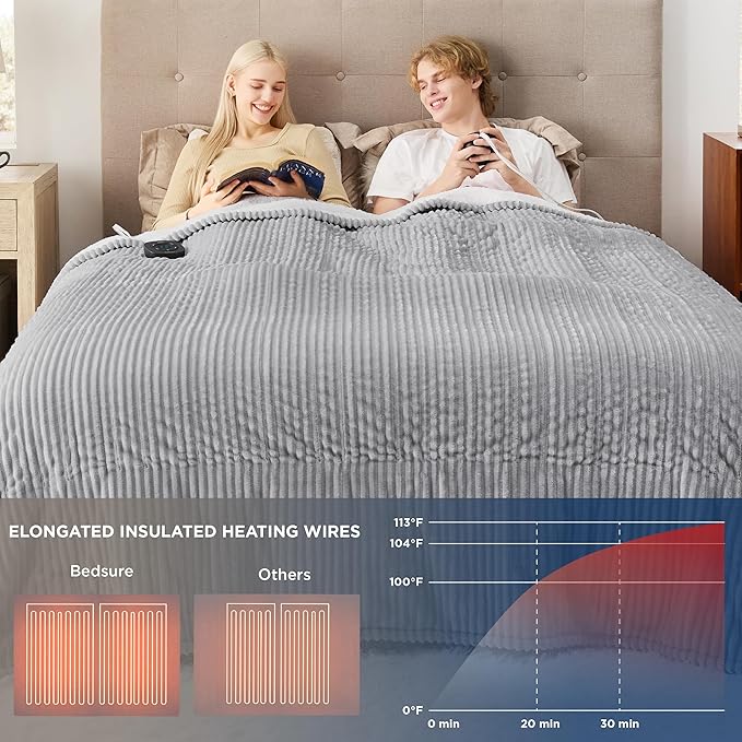 Bedsure GentleSoft Electric Blanket King Size - Soft Ribbed Flannel Heated Blanket with Dual Control, Heating with 10 Heat Settings & 10 Time Settings, 8 hrs Timer Auto Shut Off (90"x100", Light Grey)