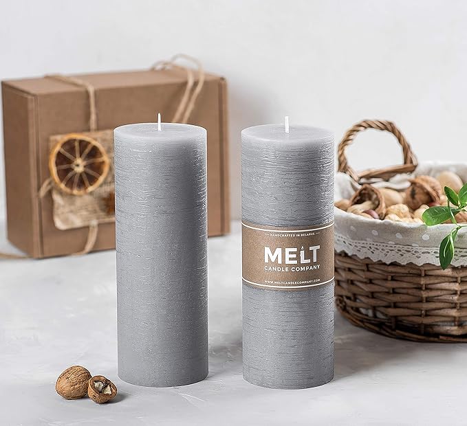 Set of 2 Pillar Candles 3" x 8" Unscented Handpoured Weddings, Home Decoration, Restaurants, Spa, Church Smokeless Cotton Wick - Grey