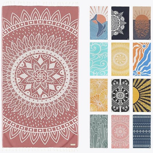 FESHKA Sand Proof Turkish Beach Towel – Oversized, Quick Dry & Lightweight Travel Towel - 100% Organic Cotton Beach Blanket - Perfect for Bath, Pool & Picnic | Sunflower (Maroon)