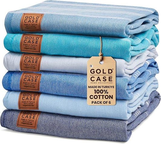 Gold CASE LYCIA Turkish Beach Towel Set of 6 – 100% Cotton Turkish Beach Towels Bulk 70 x 38'' – LYCIA Oversized, Quick Dry & Sand Free Beach Towel – Lightweight Towels Set in Tones of Blue