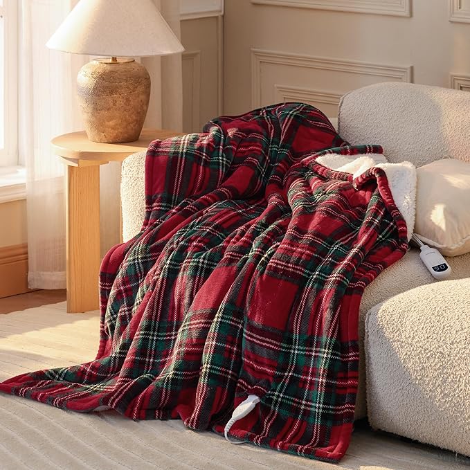 Bedsure Plaid Heated Throw Blanket - Flannel Sherpa Electric Blanket with Plaid Pattern, for Grandma, Heating with 6 Heating Levels, 4 Time Settings, 3-Hour Auto-Off (Red, 50"x60")