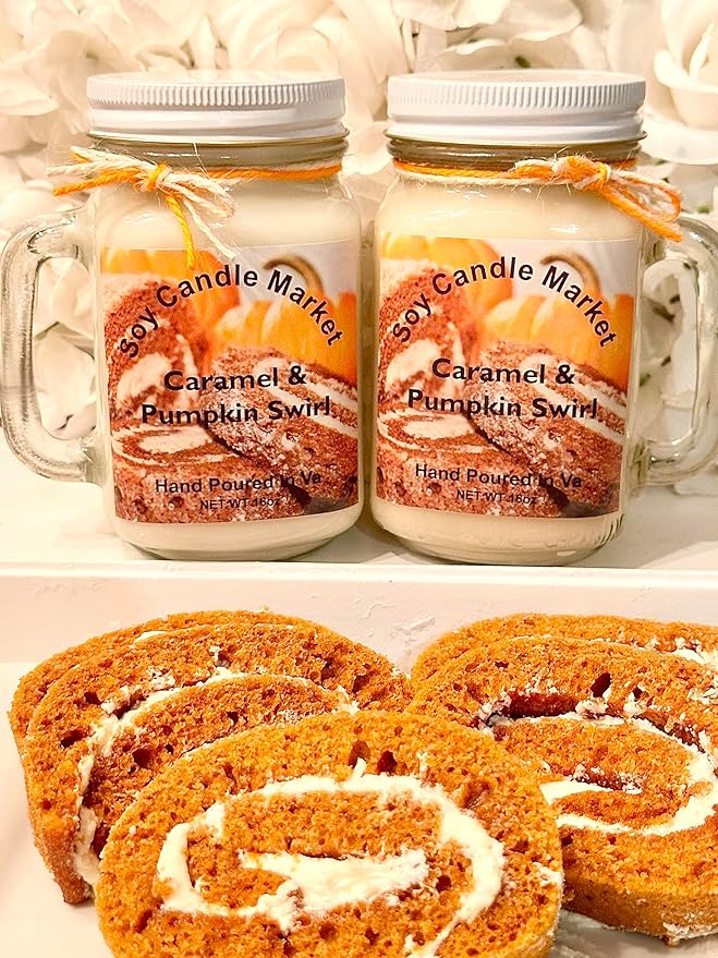 Soy Scented Candles | Handmade & Highly Aromatic Candles Burns Upto 85 Hours in Glass Jar - Perfect for Home Decor, Wedding, Birthday, Dinner (Caramel Pumpkin Swirl, 16 oz)