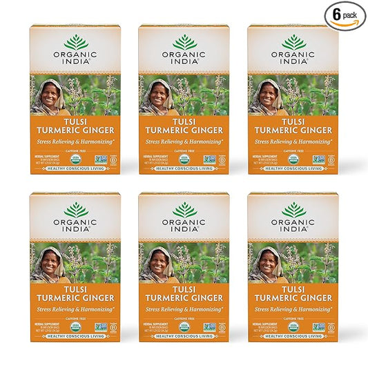 ORGANIC INDIA Tulsi Turmeric Ginger Herbal Tea - Stress Relieving & Harmonizing, Immune Support, Aids Digestion, Vegan, Caffeine-Free - 18 Infusion Bags, 6 Pack
