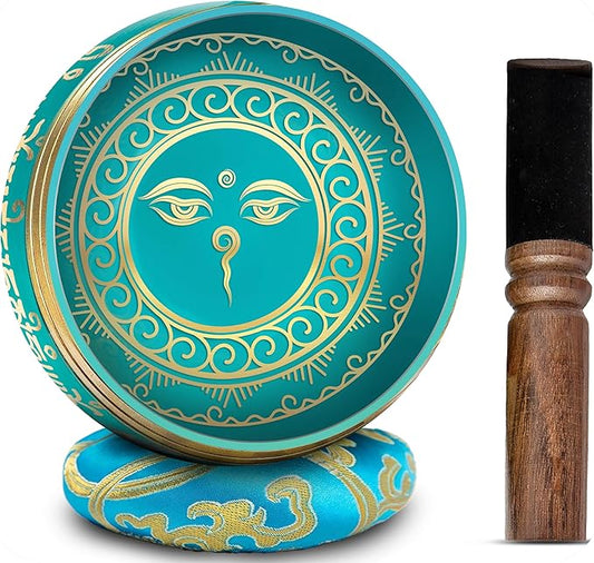Tibetan Singing Bowl Set - 4" Easy To Play Authentic Handmade For Meditation Sound 7 Chakra Healing By HIMALAYAN BAZAAR (Turquoise Blue, 4")