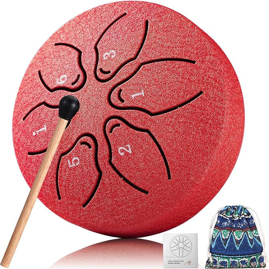 Facmogu Rain Drum for Outside, 6 Notes 3 Inch Steel Tongue Drum Rain Chime, Musical Rain Drum for Garden Yoga Meditation Zen, Mini Chakra Drum for Rain Outdoor w/Bag & Mallet - Red (Bowlling Pattern)
