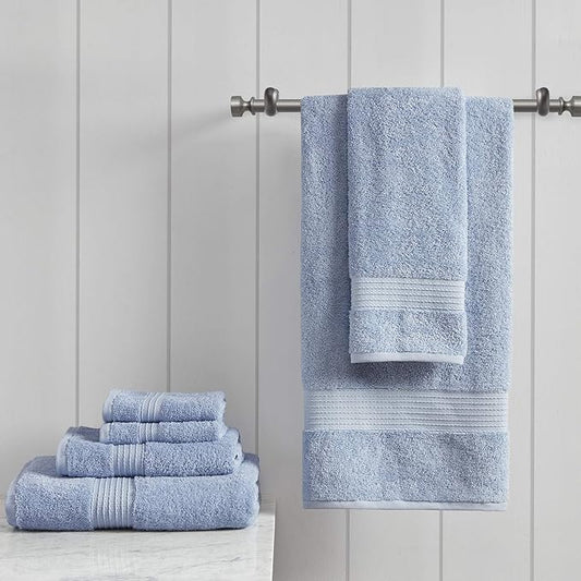 Madison Park Organic 100% Cotton Bathroom Towel Set, Hotel & Spa Quality Highly Absorbent, Quick Dry, Include for Shower, Handwash & Facial Washcloth, Multi-Sizes, Blue
