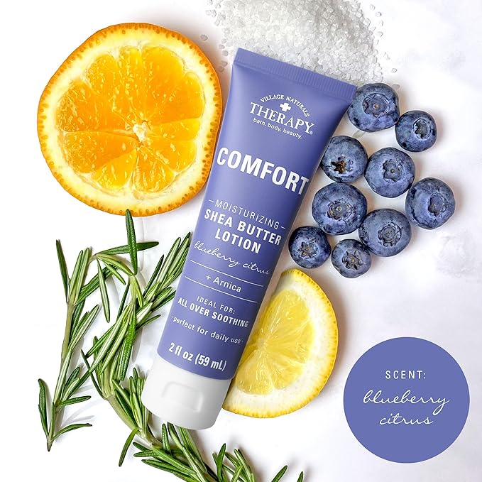 Village Naturals Therapy Comfort Shea Butter Hand & Body Lotion, Blueberry Citrus Scent, 2 fl oz, Pack of 6