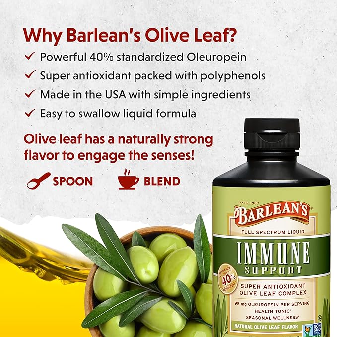 Barlean's Olive Leaf Complex Liquid Immune Support Supplement with 95mg Oleuropein Antioxidants for Seasonal Wellness, Heart Health, & Immune System Booster, 16 Ounce