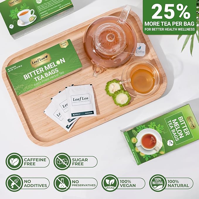 LeafLea 80 Bitter Melon Tea Bags, Premium Dried Momordica Charantia (Melon Amargo, Gohyah) Herbal Fruit Tea | Supports Wellness and Digestion | Caffeine-Free, Sugar-Free, Vegan, Pack of 2