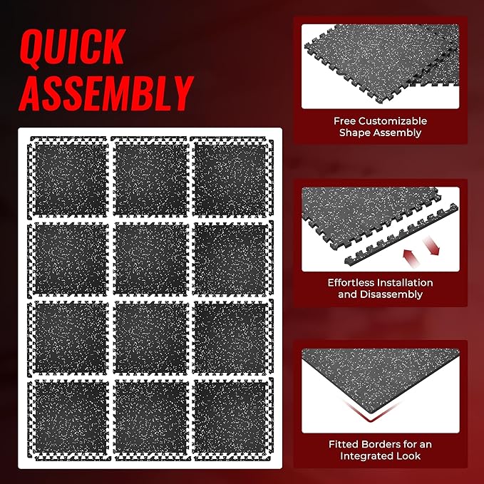 SUPERJARE 0.79'' Extra-Thick Exercise Equipment Mats, 12 Pcs 48 Sq Ft Rubber Top Floor Tiles with High Density EVA Foam, Interlocking Gym Flooring for Home Gym, Workout Mat, Black/Grey