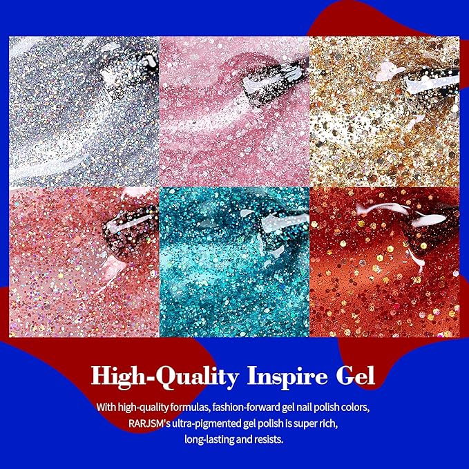 RARJSM Glitter Gel Nail Polish Set of 6 Colors Diamond Silver Sparkly Holographic Champagne Gold Iridescent Red Chunky Pigments Gel Polish Soak off Led UV Curing Required for Nail Salon Manicure