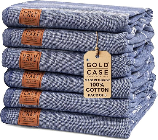 Gold CASE LYCIA Turkish Beach Towel Set of 6 – 100% Cotton Turkish Beach Towels Bulk 70 x 38'' – LYCIA Oversized, Quick Dry & Sand Free Beach Towel – Lightweight Towels Set in Navy Blue