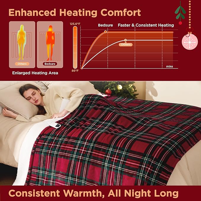 Bedsure Plaid Electric Blanket Twin - Flannel Sherpa Heated Blanket with Plaid Pattern, Heating with 6 Heating Levels, 10 Time Settings, 8-Hour Auto-Off, Warm Gifts for Grandma (Red, 62"x84")
