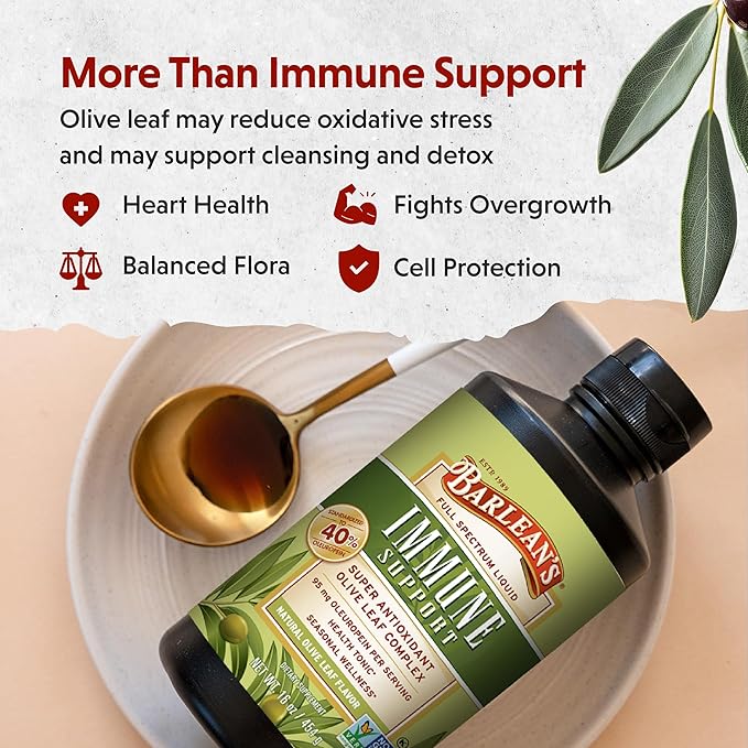 Barlean's Olive Leaf Complex Liquid Immune Support Supplement with 95mg Oleuropein Antioxidants for Seasonal Wellness, Heart Health, & Immune System Booster, 16 Ounce