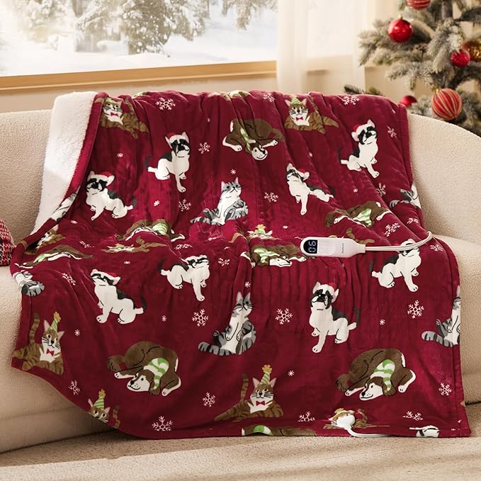Bedsure Christmas Heated Blanket Throw - Soft Flannel Sherpa Electric Blanket with Pet Pattern, Heated Throw as a Gift, with 6 Heating Levels, 4 Time Settings, and 3-Hour Auto-Off (50x60 inches)