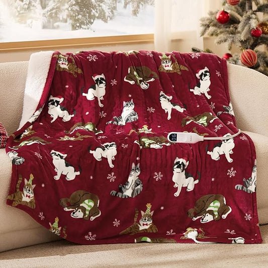 Bedsure Christmas Heated Blanket Throw - Soft Flannel Sherpa Electric Blanket with Pet Pattern, Heated Throw as a Gift, with 6 Heating Levels, 4 Time Settings, and 3-Hour Auto-Off (50x60 inches)