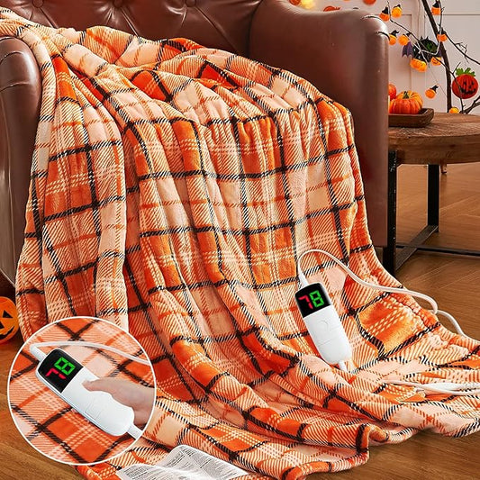 Heated Blanket Electric Twin Size,62X84 Orange Blanket,Plaid Soft Sherpa Heating Blankets Warmer Gift for Grandma Women Adults Halloween Washable,ETL