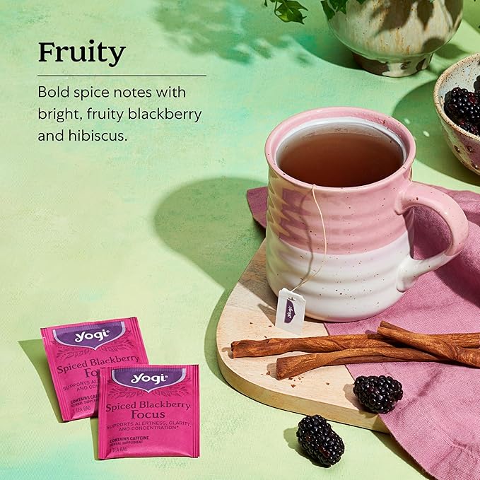 Yogi Tea Spiced Blackberry Focus - 16 Bags per Pack (4 Packs) - Organic Blackberry Tea for Focus with Caffeine - Includes Black Tea Leaf, Hibiscus Flower, Cinnamon Bark & More