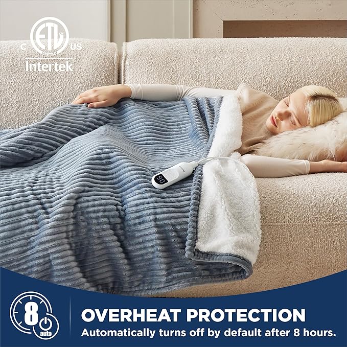 Bedsure Electric Blanket Twin - Soft Ribbed Flannel Heated Blanket, Heating Blanket with 10 Time Settings, 6 Heat Settings, and 8 hrs Timer Auto Shut Off (62x84 inches, Grey)