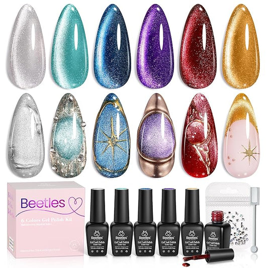 Beetles Cat Eye Gel Nail Polish Set - 6 Colors Glitter Gel Polish Burgundy Red Silver Blue Purple Green Gold Magnetic Cat Eye Holographic Effect Soak Off UV Velvet Nail Art Salon DIY Gift for Women