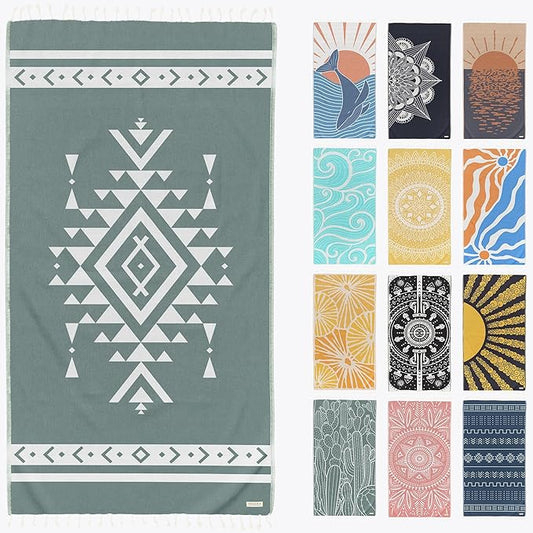 FESHKA Sand Free Turkish Beach Towel (37 x 67) Quick Dry Bath Towel, Oversized Beach Blanket, Lightweight for Travel - Made with 100% Organic Turkish Cotton - Aztec (Green)