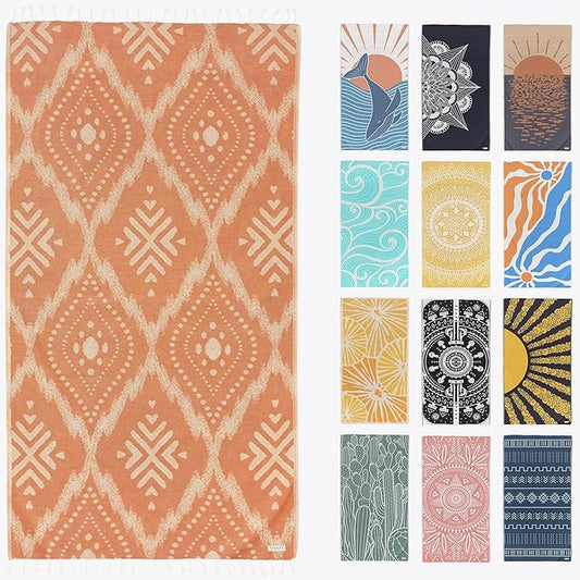 FESHKA Sand Proof Turkish Beach Towel – Oversized, Quick Dry & Lightweight Travel Towel - 100% Organic Cotton Beach Blanket - Perfect for Bath, Pool & Picnic | Damask (Rust/Beige)