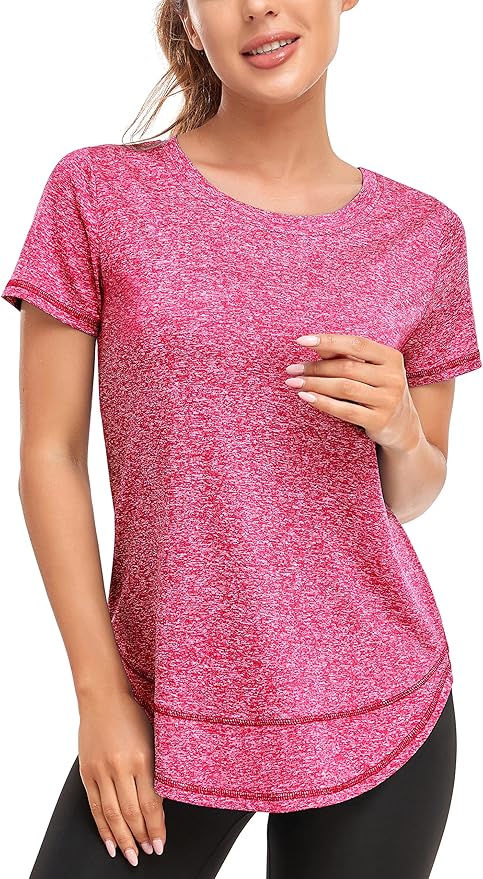 Women's Short Sleeve Workout Shirts Crewneck Sports Yoga Running Dry Fit Tops Side Split Tee